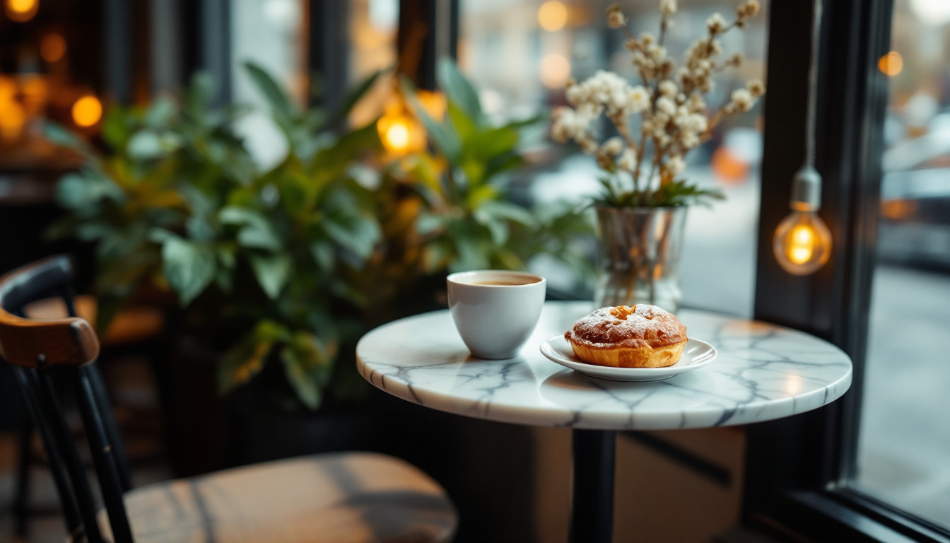 Ein gemütlicher Tisch im Bäckerei-Café mit Kaffee und Gebäck am Fenster.