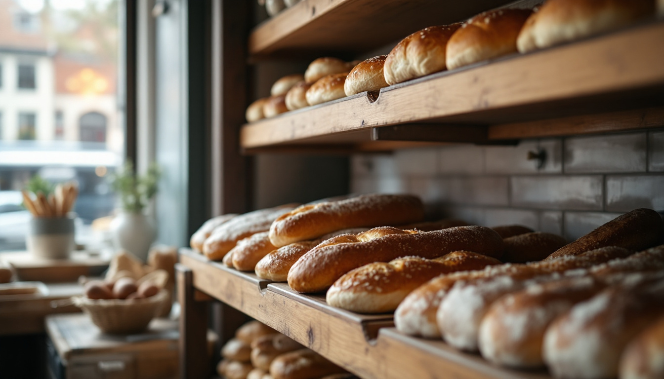 Frisch gefüllte Brotregale einer Bäckerei im weichen Morgenlicht am frühen Sonntag.