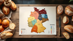 Karte zur Bevölkerung der Bundesländer neben frischem Brot auf einem Bäckerei-Tresen