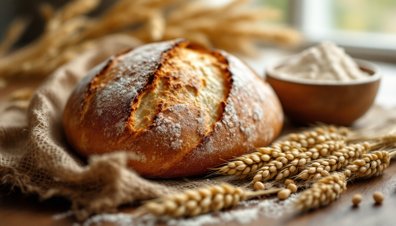 Ein Bio-Brotlaib auf Jute neben Getreideähren und einer Schale Mehl.