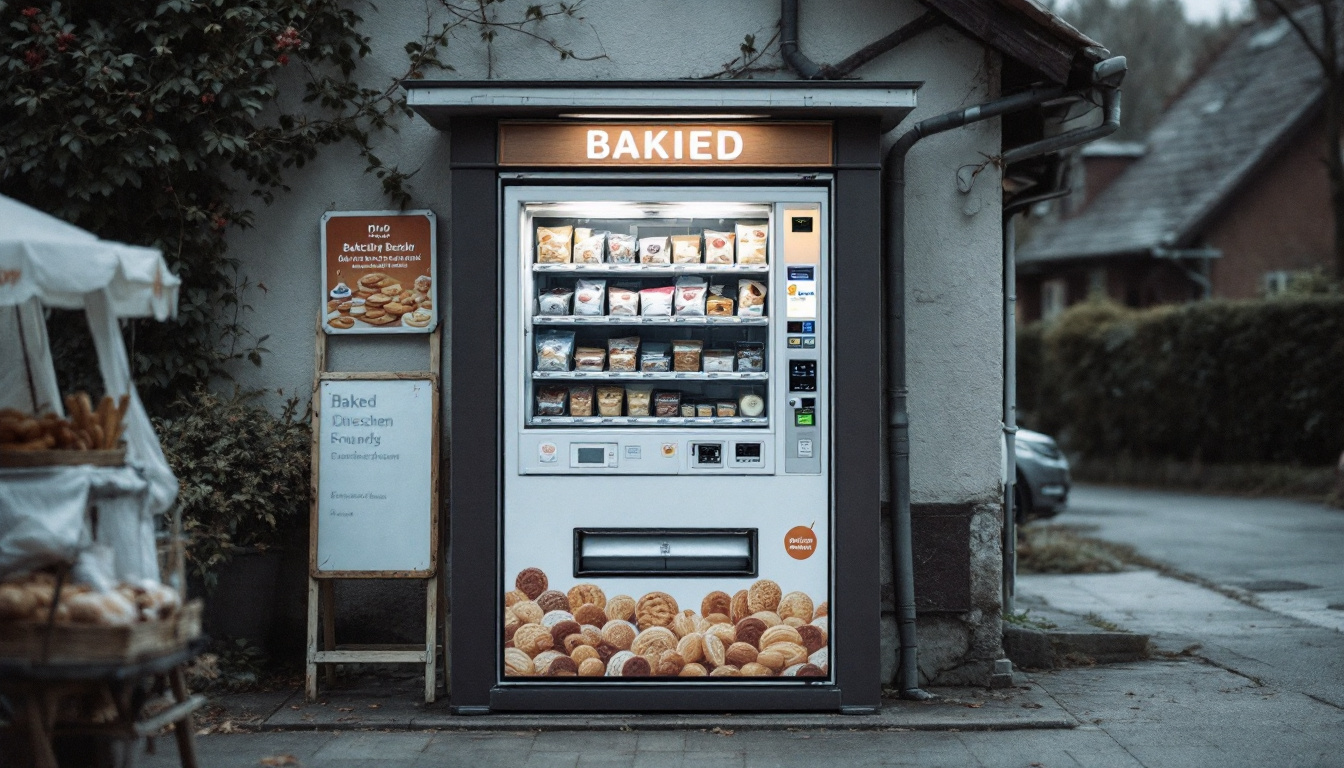 Ein Backwaren-Automat an einer ruhigen Dorfstraße mit Fächern hinter Glas.