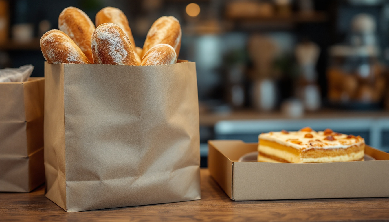 Eine Papiertüte mit Brötchen neben einer verpackten Torte auf einer Bäckereitheke.