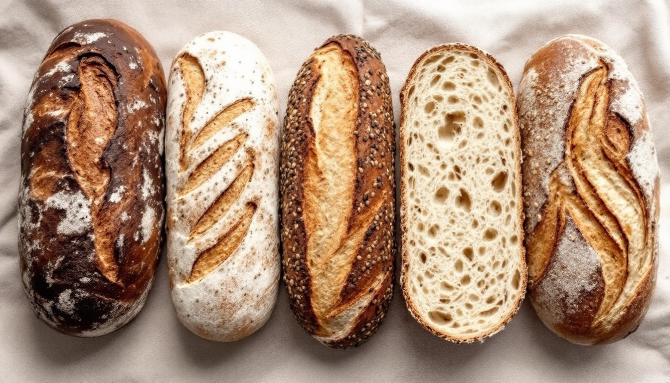 Verschiedene deutsche Brotsorten nebeneinander auf einem Leinentuch, ein Laib angeschnitten.