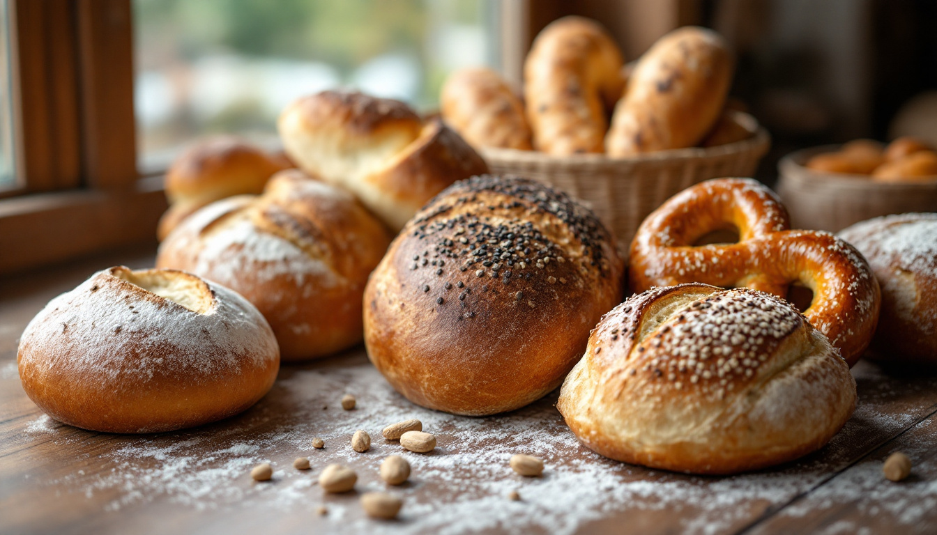 Deutschland Facts: Auswahl traditioneller deutscher Brote und Brötchen auf einem Bäckereitresen