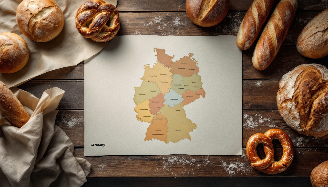 Karte mit Einwohnerzahlen der Bundesländer neben Broten auf einem Bäckerei-Tresen