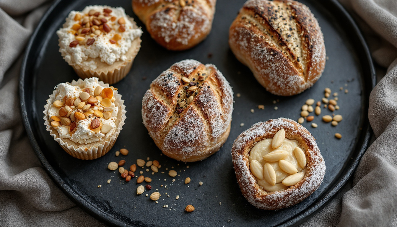 Glutenfreie Backwaren aus alternativen Getreidesorten auf einer Schieferplatte.