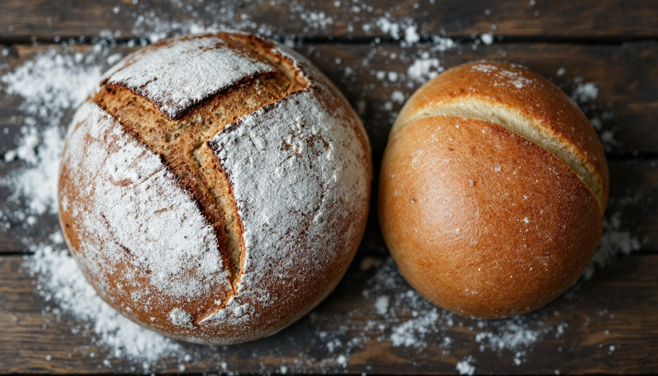 Ein grob gebackenes handwerkliches Brot neben einem gleichmäßig geformten Industriegebäck auf einer Holztheke.