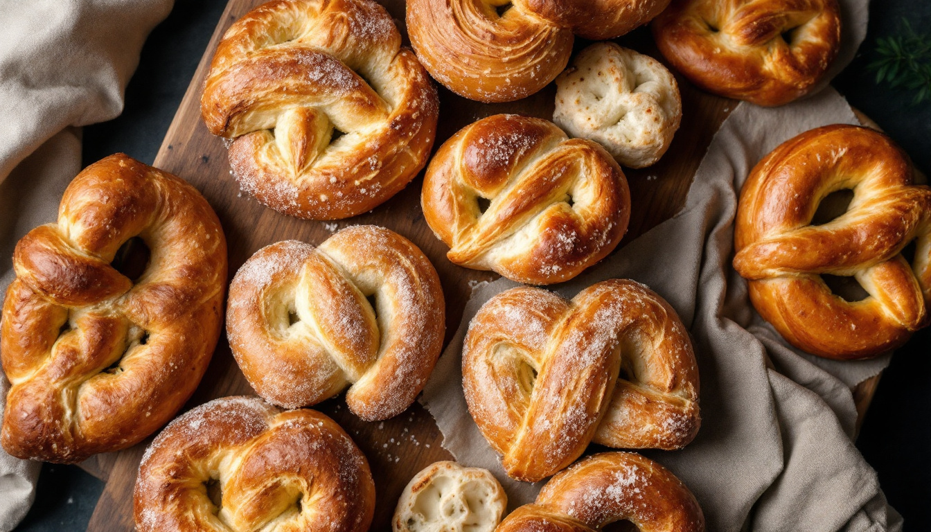 Ein Holzbrett mit verschiedenen regionalen deutschen Gebäcken und Brötchen von oben.