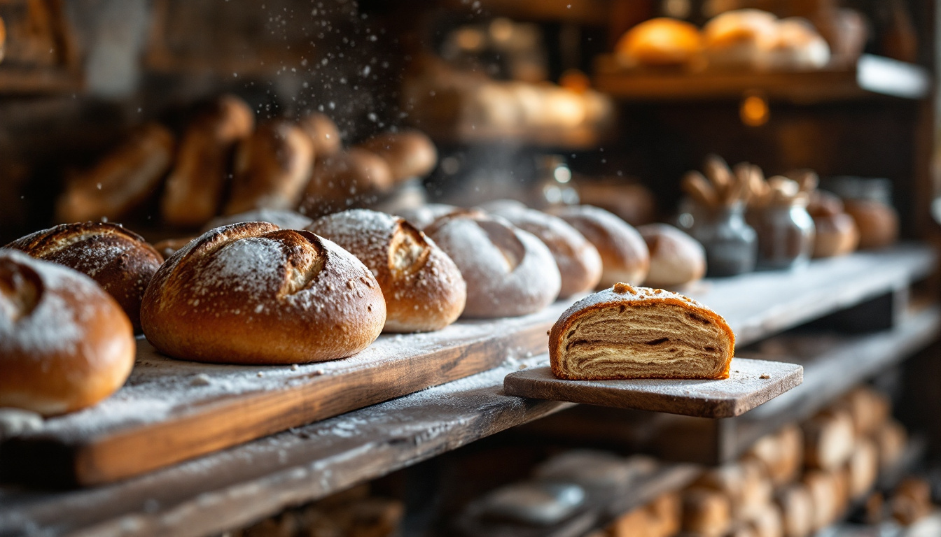 Bäckerei in Sachsen-Anhalt Deutschland mit Roggenbrot, Brötchen und Baumkuchen
