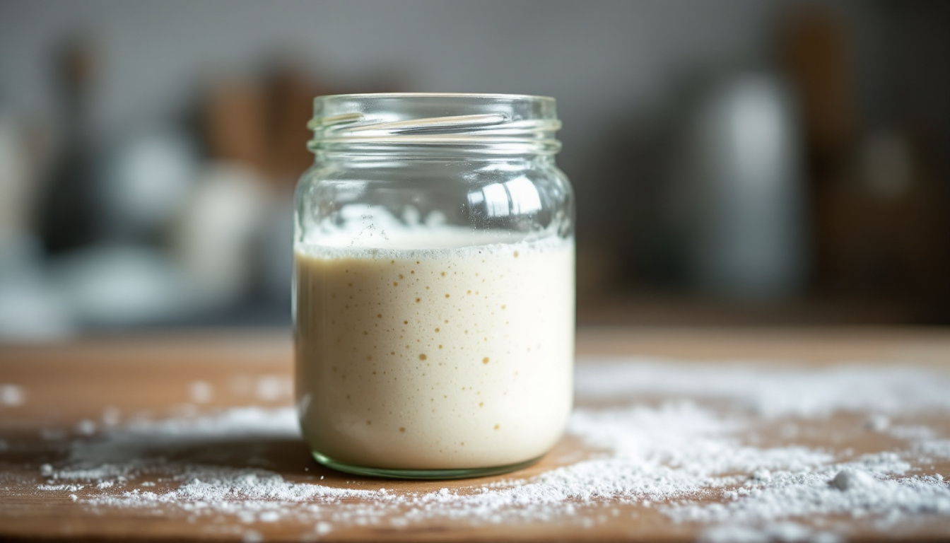 Ein Glas mit blasigem, aktivem Sauerteig auf einem bemehlten Holztisch.